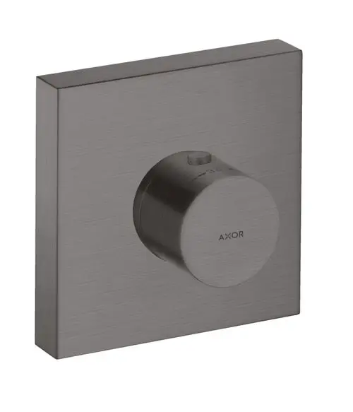 Thermostatmodul mit eckiger Oberfläche in brushed black chrome, ausgestattet mit einem runden Drehknopf zur Temperatureinstellung. Marke AXOR.